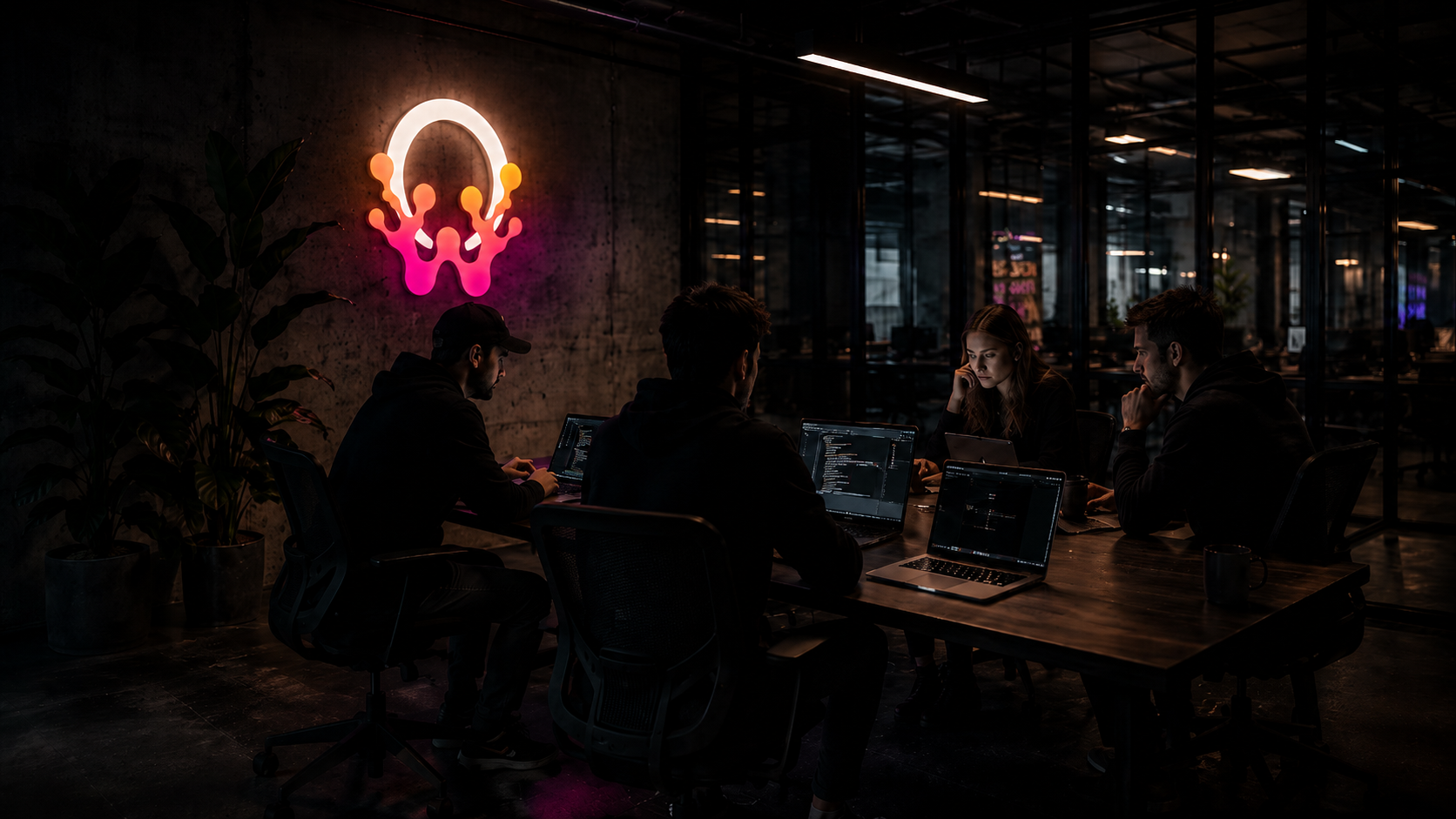 Dark cinematic studio scene with strategy, design, build, and grow neon text