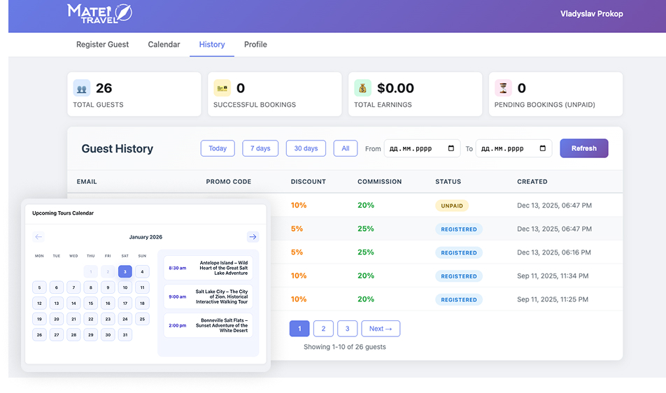 MateiTravel Partner dashboard screenshot